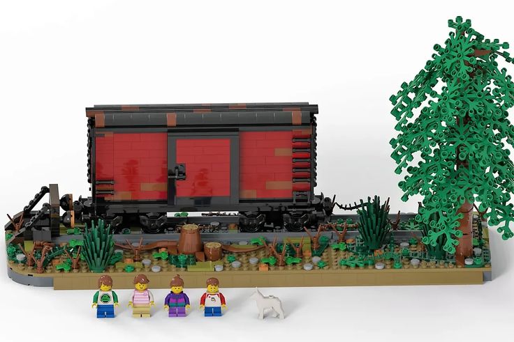 a lego train with people standing next to it and trees in the foreground, on a white background