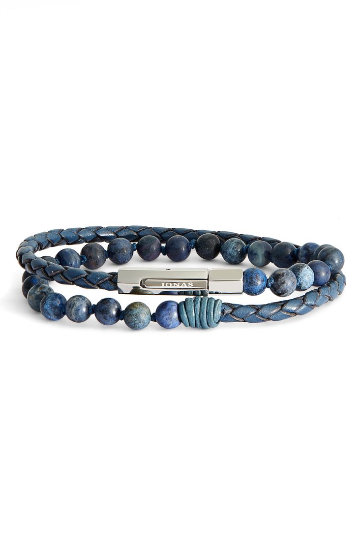 A rich combination of braided leather and moody-blue dumortierite beads defines this handsome double-wrap bracelet designed in New York City. 1/4" width Clasp closure Leather/dumortierite/stainless steel Imported Double Wrap Bracelet, Mens Accessories Jewelry, Mens Jewelry Bracelet, Blue Bracelet, Braided Leather, Bracelet Designs, Link Bracelets, Rope Bracelet, Wrap Bracelet