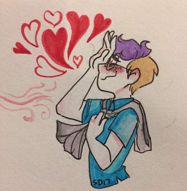 a drawing of a boy holding his hands up to his face with hearts above him