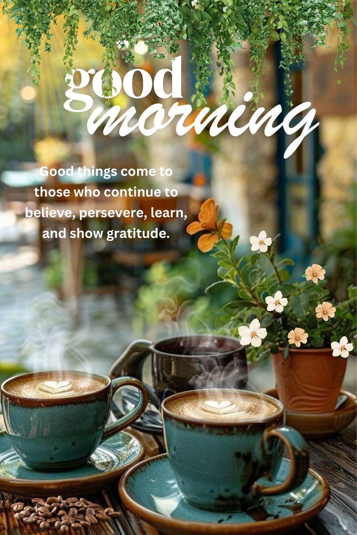 two cups of coffee sitting on top of a wooden table next to a potted plant