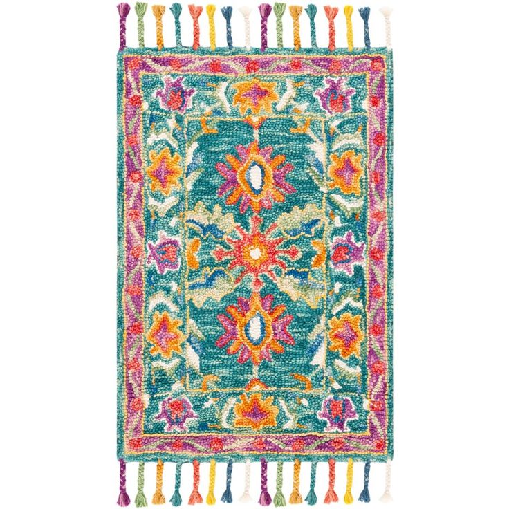 a colorful rug with fringes and flowers on the bottom is shown in front of a white background