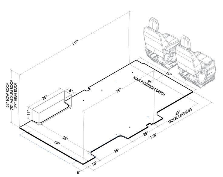 an outline drawing of the back end of a car with its seat up and two seats down