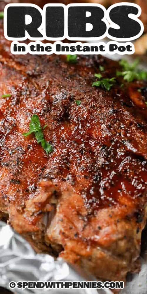 ribs in the instant pot with parsley on top and text that reads, ribs in the instant pot