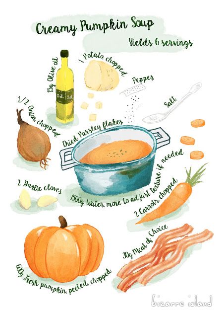 the ingredients for creamy pumpkin soup are shown in this watercolor and ink painting illustration