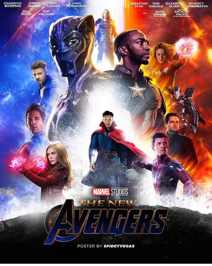 the new avengers movie poster is shown in front of an image of many different characters