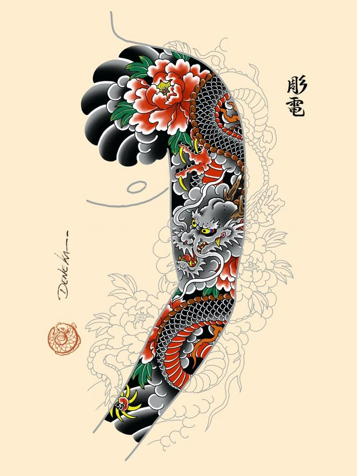 Ryu with peonies (left side) Tato Joker, Traditional Japanese Tattoo Sleeve, Tatoo 3d, Koi Tattoo Sleeve, Japanese Snake Tattoo, Tiger Tattoo Sleeve, Japanese Tattoos For Men, Tattoo Japanese Style, Dragon Sleeve