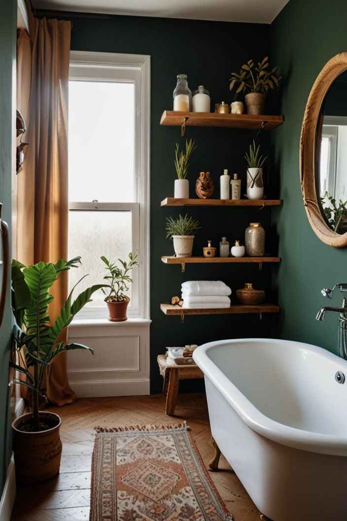 a bath room with a tub a mirror and shelves