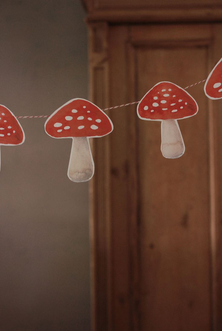 red and white mushrooms are hanging on a string