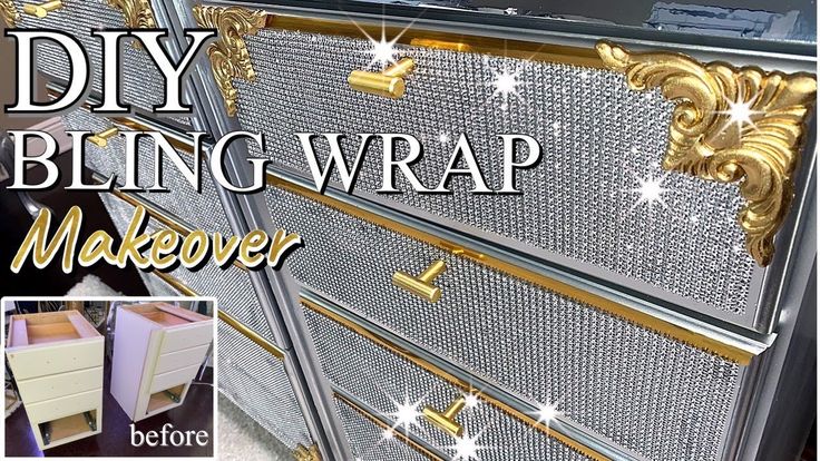 an image of a dresser that has been painted gold and silver with the words diy bling wrap makeover