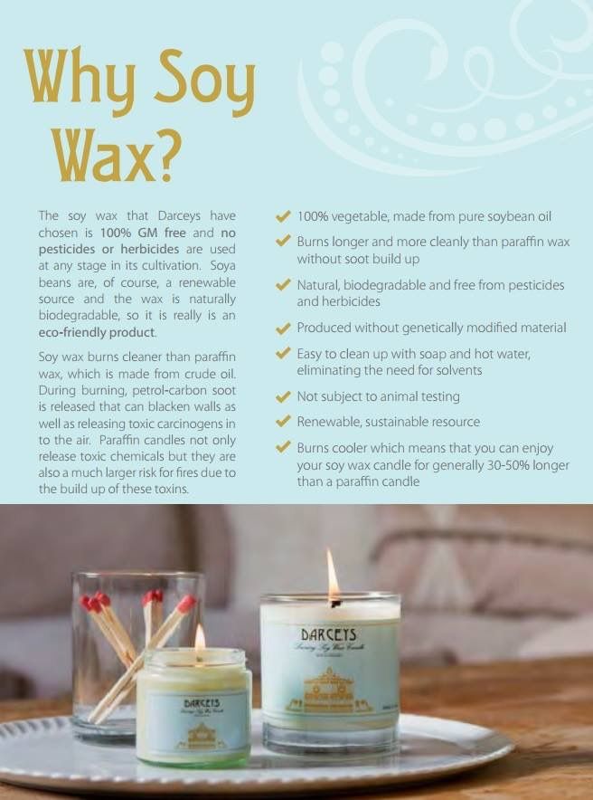 an advertisement for candles on a table with the words why soy wax? and two lit candles