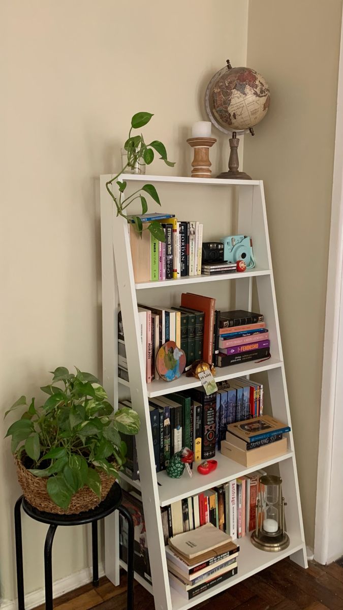 a white book shelf with books and plants on top