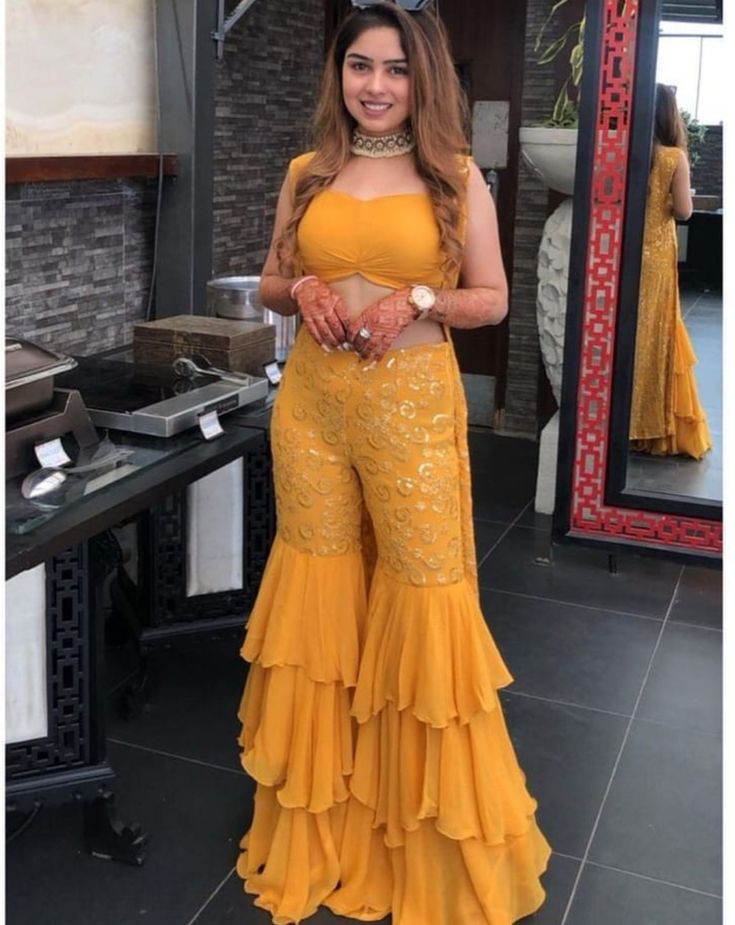 Yellow Outfits For Women Haldi, Haldi Outfit Inspiration, Haldi Western Outfit, 3 Piece Indo Western Women, Mehendi Party Outfit, Haldi Guest Outfit Indian, Haldi Sharara Outfits, Haldi Outfit Inspo For Bridesmaid, Mehendi Guest Outfit