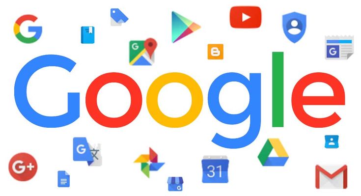 the google logo surrounded by many different types of icons and symbols on a white background