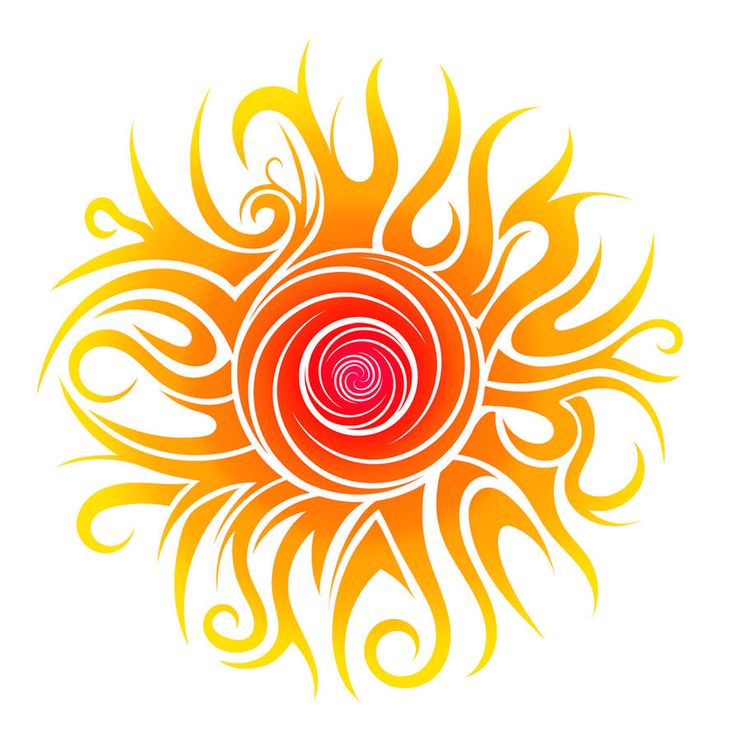 an orange and yellow sun with swirls on it's face, in the middle of a white background