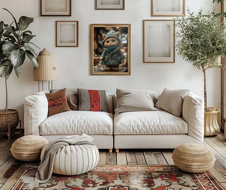 a living room filled with lots of furniture and pictures on the wall above it's couch