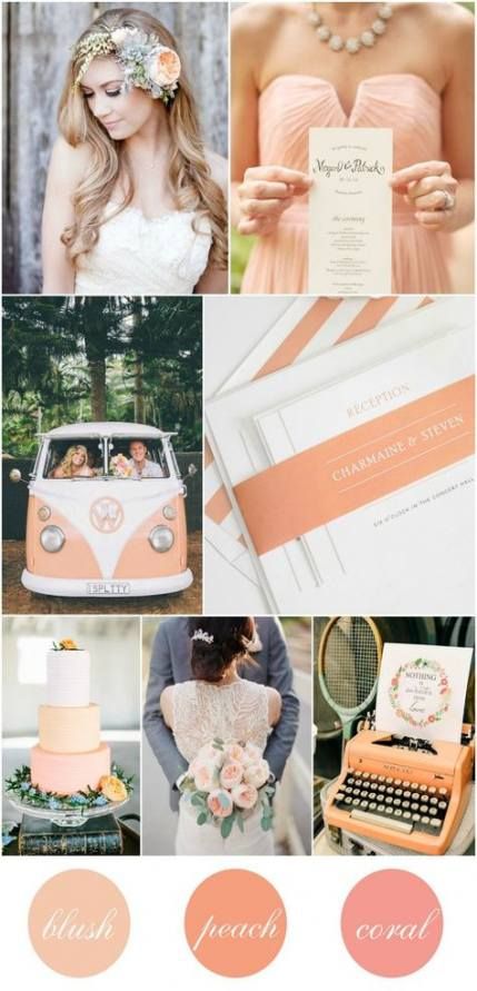 a collage with peach and white colors, including an orange vw typewriter