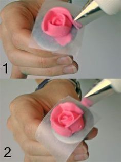 the process of applying pink icing to a rose