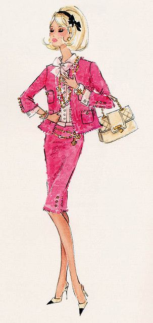 a drawing of a woman in a pink dress and jacket with purses on her feet