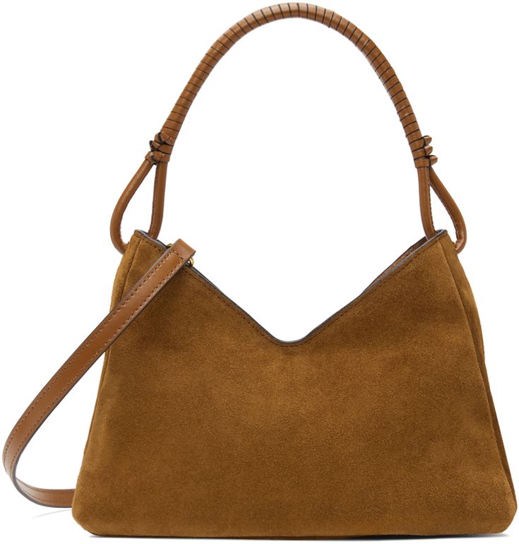 Suede shoulder bag in tan. · Hand-wrapped and knotted detailing at carry handle · Adjustable and detachable leather crossbody strap · Logo embossed at face · Zip closure · Patch pocket at interior · Moiré lining · Logo-engraved gold-tone hardware · H7 x W10 x D3 Supplier color: Tan Leather Sweater, Wishlist 2024, Tan Shoulder Bag, Suede Bag, Fall Winter 2024, Tan Suede, Winter 2024, Blue Bags, Leather Top