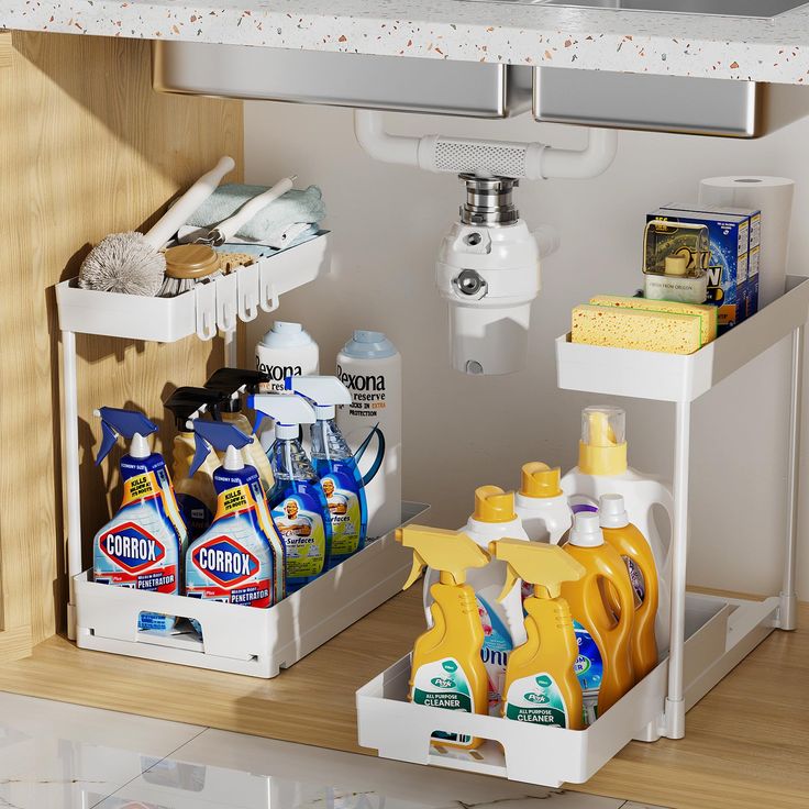 the kitchen sink is cluttered with cleaning products