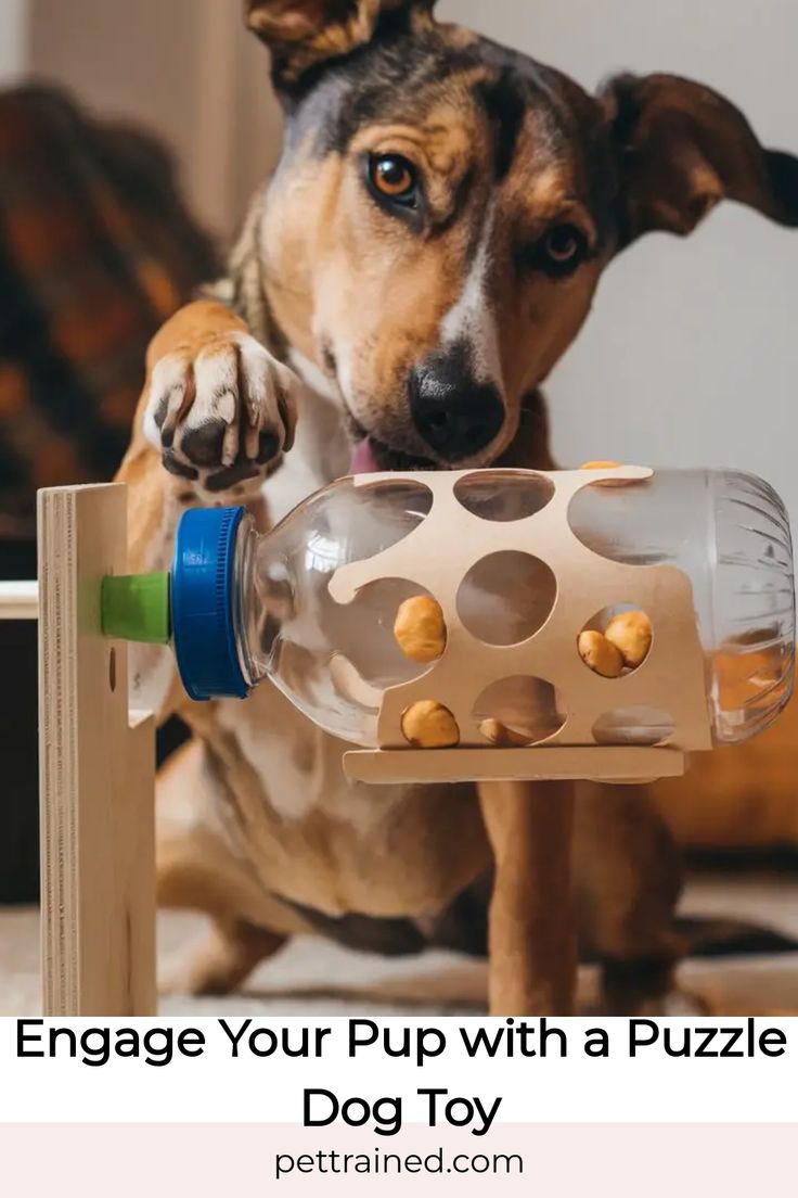 a dog is playing with a toy that looks like a puzzle piece in the shape of a bottle