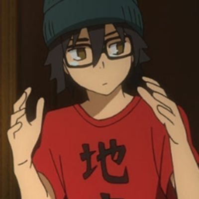 an anime character wearing glasses and a red t - shirt with black writing on it