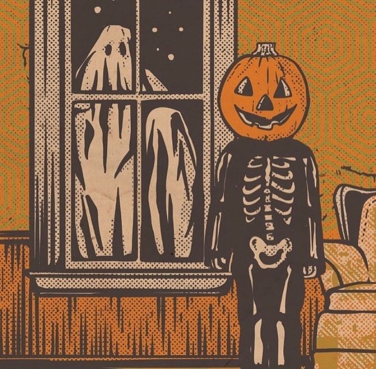 a drawing of a skeleton in front of a window with a jack o lantern on it's head