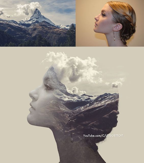 three different images with mountains and clouds in the background, one woman's head is shown