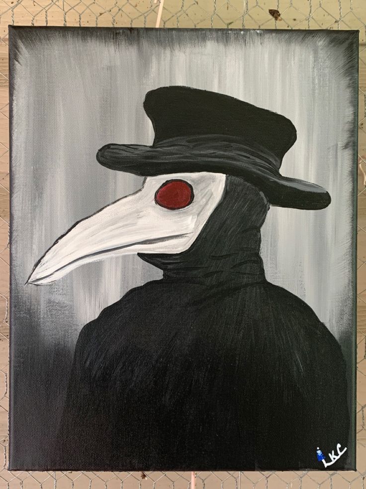 a painting of a black bird with a white beak and red eyes wearing a hat