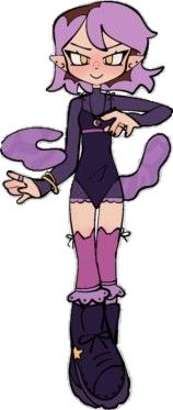 a drawing of a girl with purple hair and boots holding scissors in one hand while standing on the ground