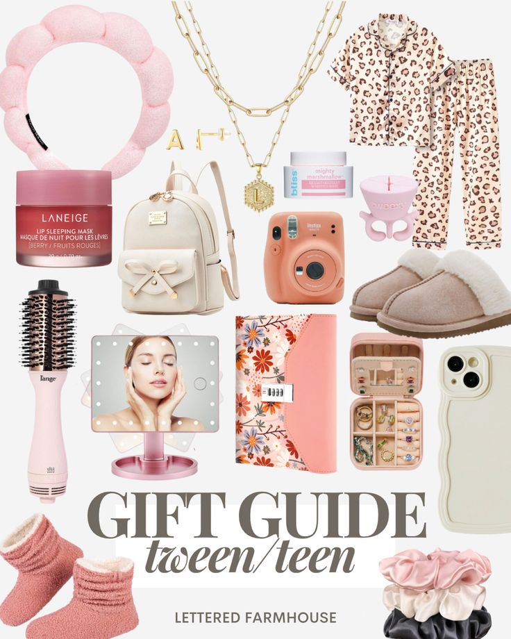 the gift guide for teen girls is displayed with accessories and items to make her feel like she's having fun