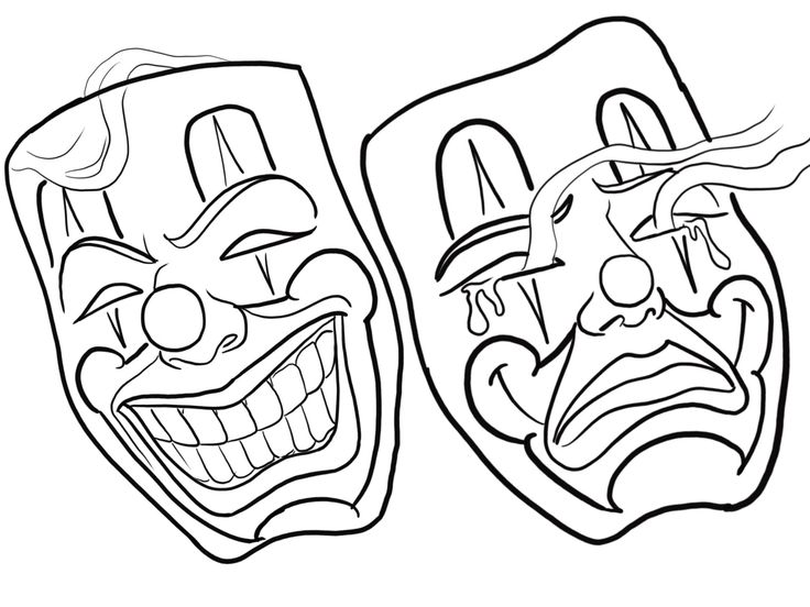 two masks with faces drawn in black and white