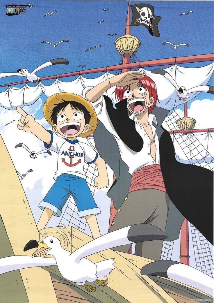 two anime characters standing next to each other with seagulls flying in the background