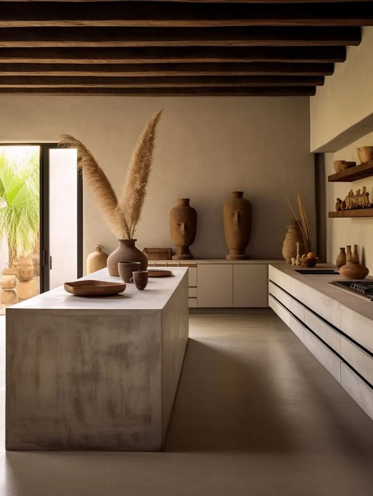 a kitchen with white counter tops and vases on the counters