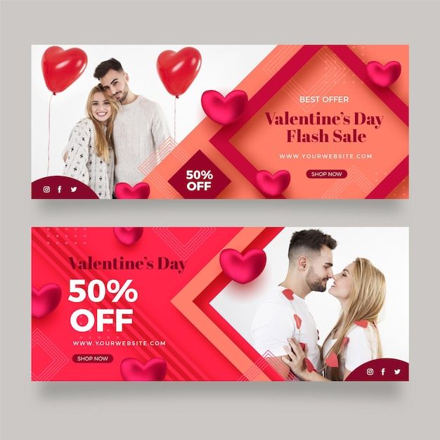 two valentine's day banners with red hearts and an image of a man kissing a woman