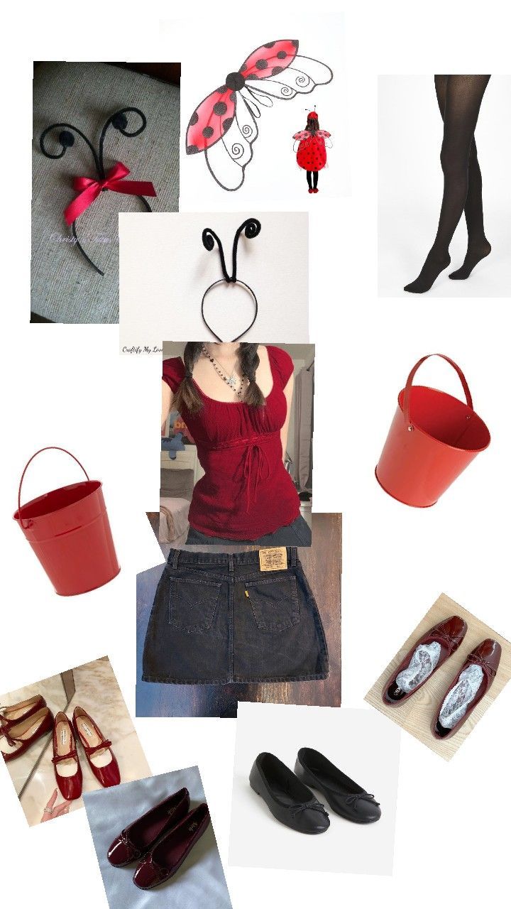 a collage of photos with shoes, bags, and other things to make it look like a ladybug