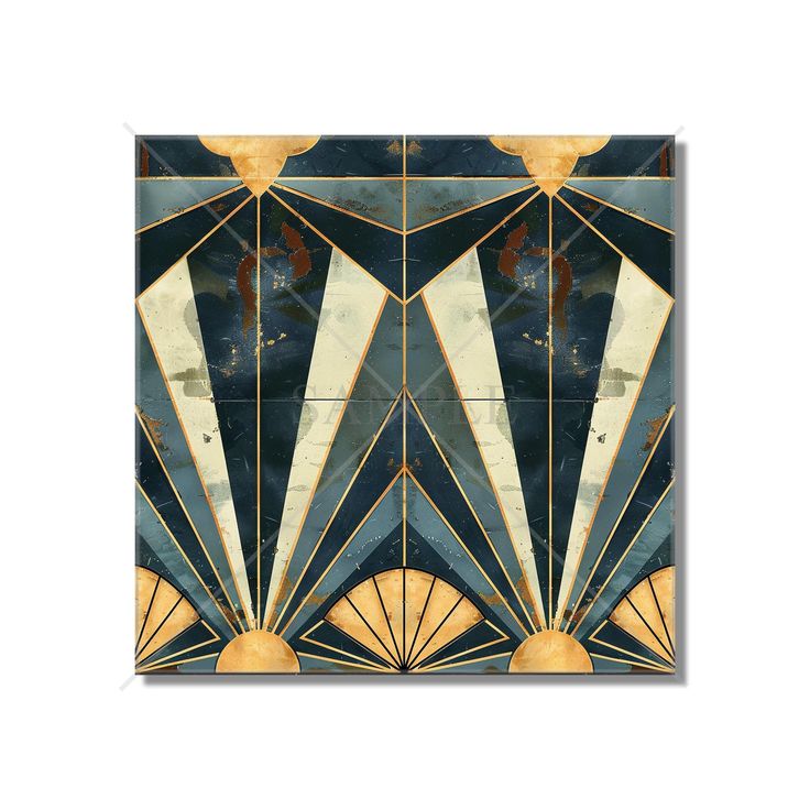 an art deco tile design in blue and gold with fan shapes on the back side