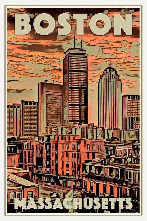 the boston mass skyline is shown in this vintage style poster from the early 20th century