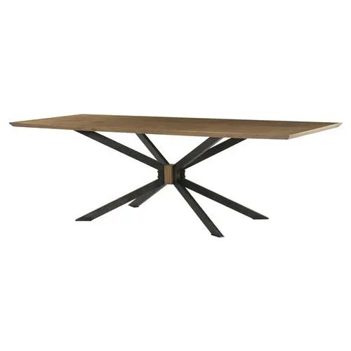 a wooden table with black metal legs and a rectangular shaped dining table in the middle