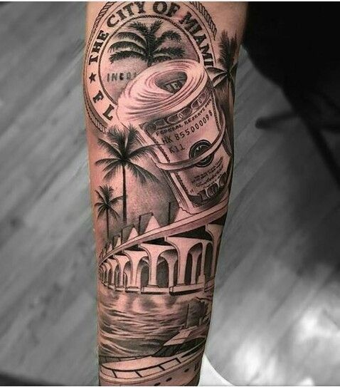 a man's arm with a black and white tattoo on it that says the city is