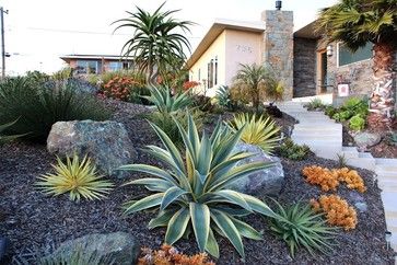 an image of a garden with plants and rocks in the foreground text reads great 7 contemporary back yard landscaping tricks for your family