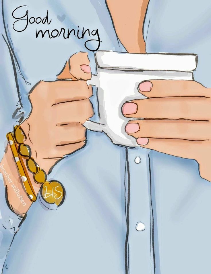 a drawing of a woman holding a coffee cup with the words good morning on it