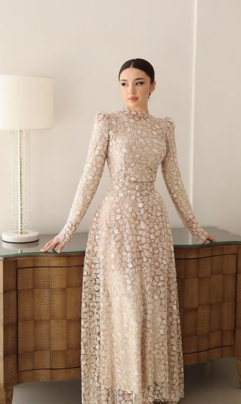 Long Sleeve Soiree Dress, Hijab Dresses Soiree, Engagement Dress Hijab, Soiree Dresses For Hijab, Printed Dresses Fashion, Bride Dress Simple, Kebaya Dress, Soiree Dress, Gowns Dresses Elegant