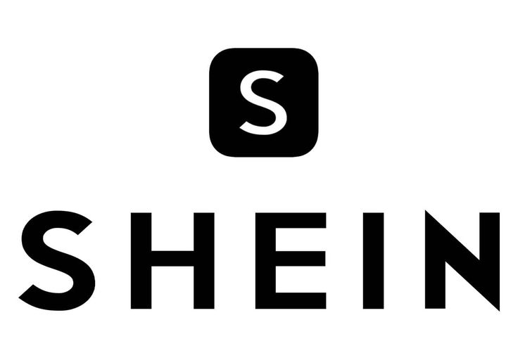 the shein logo is shown in black and white