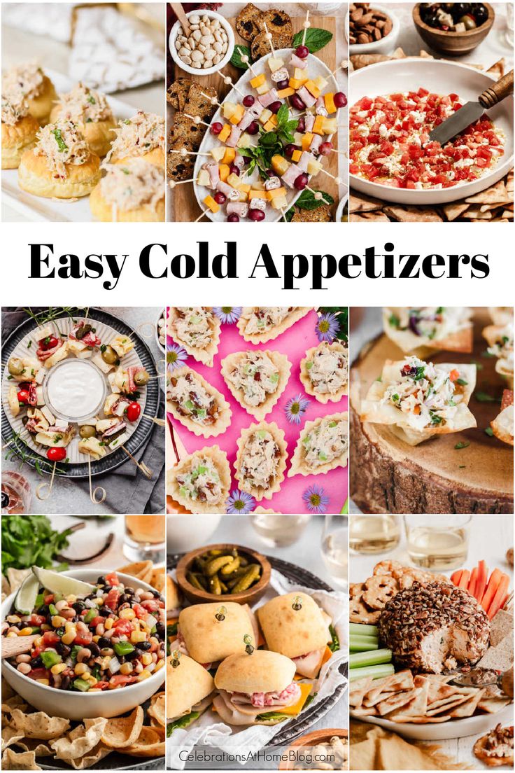 collage of cold party appetizers. Mess Free Appetizers, No Cook Canapes, Finger Food You Can Prepare In Advance, Salad Hors D'oeuvres, Church Appetizers Finger Foods, Easy To Make Hors D’oeuvres, Auderves Appetizer Recipes, Simple Cold Appetizers For A Party, Fun Hors D’oeuvres