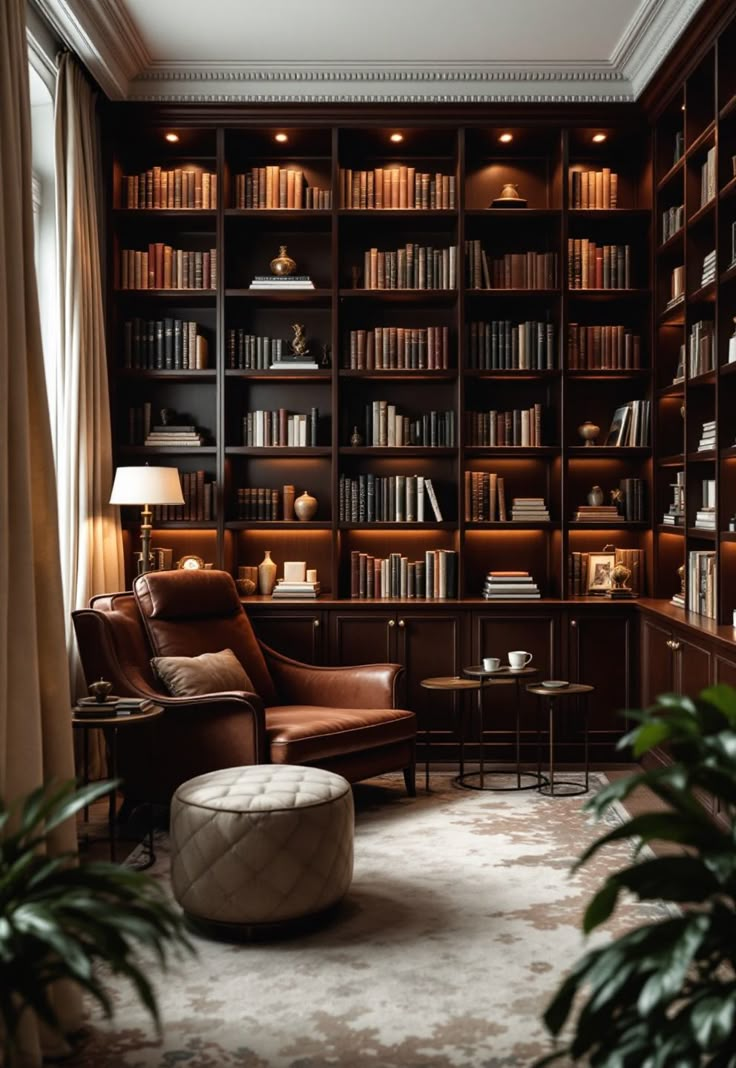 Bonus Room Ideas Read Room Ideas, Dark Wood Library Office, Library Aesthetic Small Room, Library Room At Home, A Frame Library Room, Traditional Library Room Ideas, Home Library Music Room, Bonus Room Bookshelves, Snug Library Room