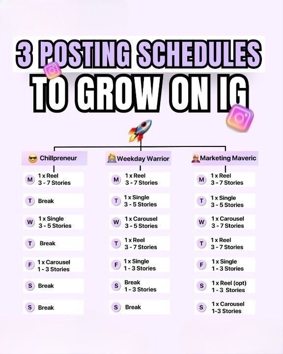 the 3 posting schedules to grow on ig are in purple and black text