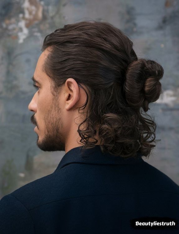 Viking Braids Men Long, Man Bun With Braids, Long Curly Hair Styles Men, Man Bun Aesthetic, Mens Long Curly Hairstyles, Long Masculine Hairstyles, Curly Hairstyles Men Long, Braid Man Bun, Curly Man Bun