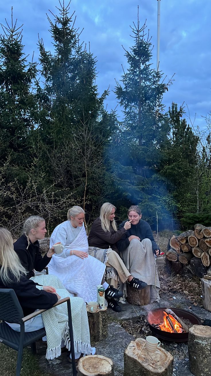 several people sitting around a campfire with food and drinks in front of the fire