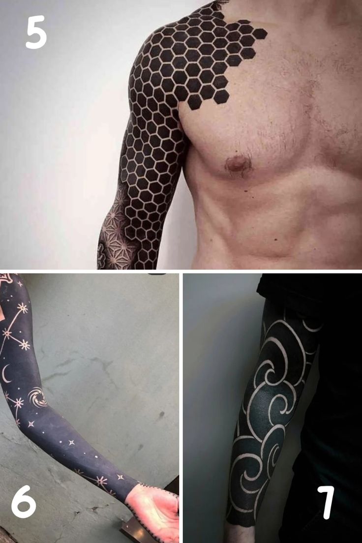 four different tattoos on the arms and arm are shown in three pictures, one is black with